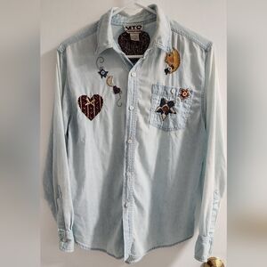MTO International Denim Shirt With cross stitch scene  , Size L (14/16)